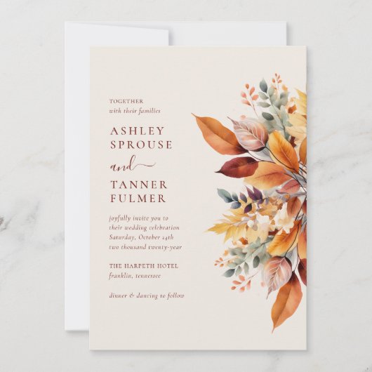 Elegante herfstbladeren QR-code Fotobruiloft Kaart (Voorkant)