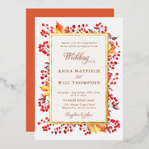 Elegante Herfstbladeren Rode Bessen Frame Bruiloft