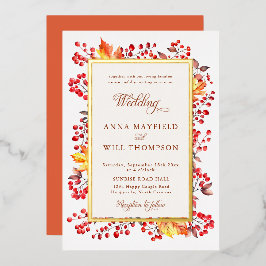 Elegante Herfstbladeren Rode Bessen Frame Bruiloft Folie Uitnodiging