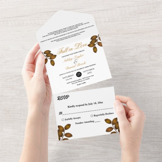 Elegante herfstbladeren rustieke Herfst bloemenbru All In One Uitnodiging (Afscheurbaar)