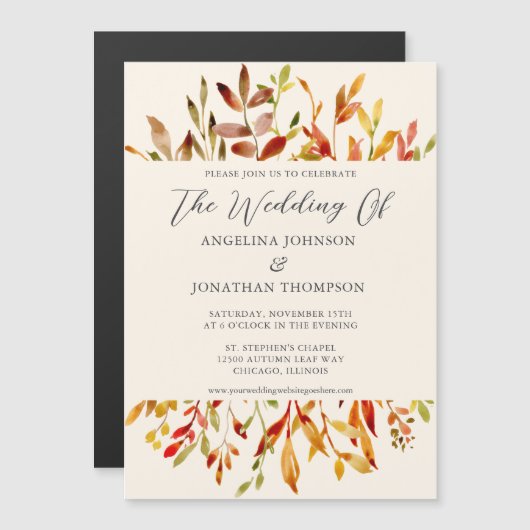Elegante herfstbladeren Waterverf herfstbruiloft Magnetische Uitnodiging (Voorkant / Achterkant)
