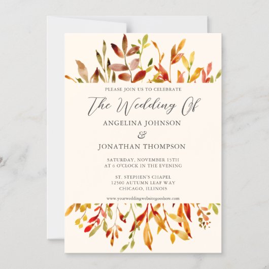 Elegante herfstbladeren Waterverf herfstbruiloft Magnetische Uitnodiging (Voorkant)