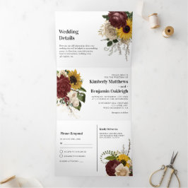 Elegante Herfstbloemen 3 in 1 Drie-Voudig Bruiloft Drieluik Uitnodiging