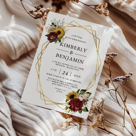 Elegante herfstbloemen en geometrische kaderhuweli kaart