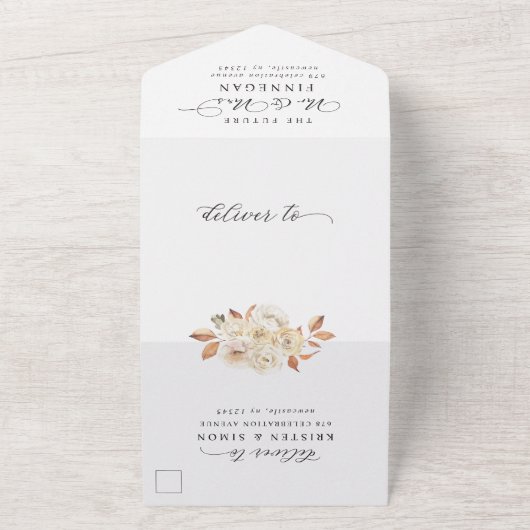 Elegante Herfstbloemen Script Moderne Trouwdag All In One Uitnodiging (Buitenkant)