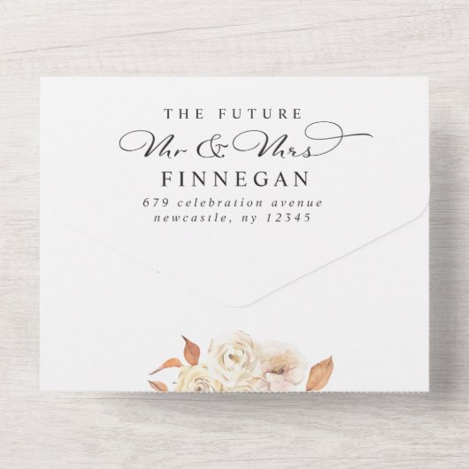 Elegante Herfstbloemen Script Moderne Trouwdag All In One Uitnodiging (Achterkant)