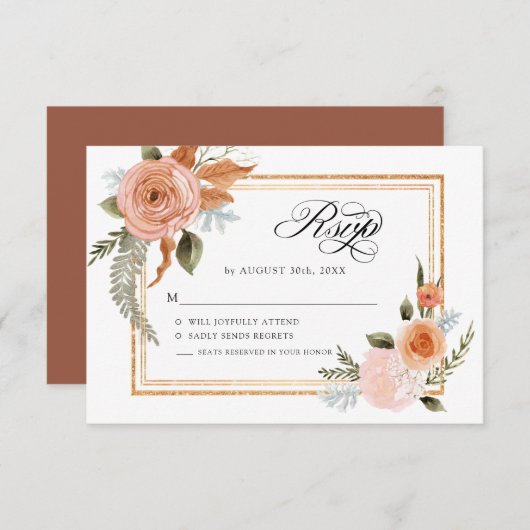 Elegante herfstbloemen terracotta roze bloemen gou RSVP kaartje (Voorkant / Achterkant)
