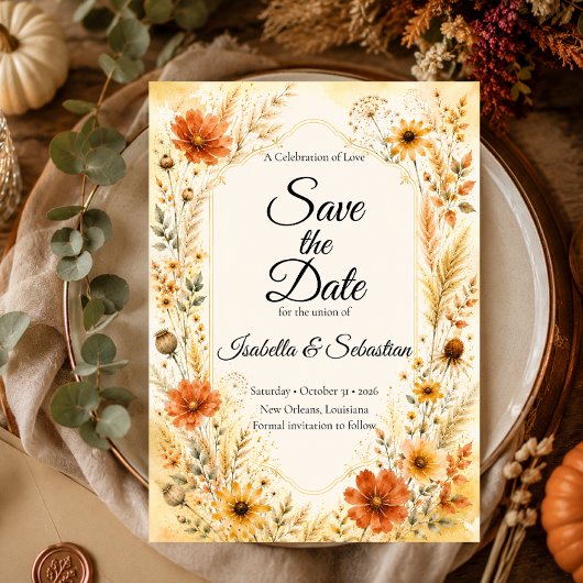 Elegante herfstbloemenen bruiloft save the date