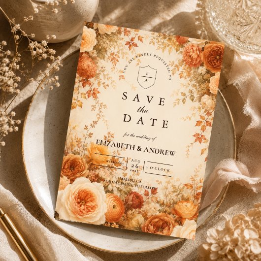 Elegante herfstbloemenen bruiloft save the date