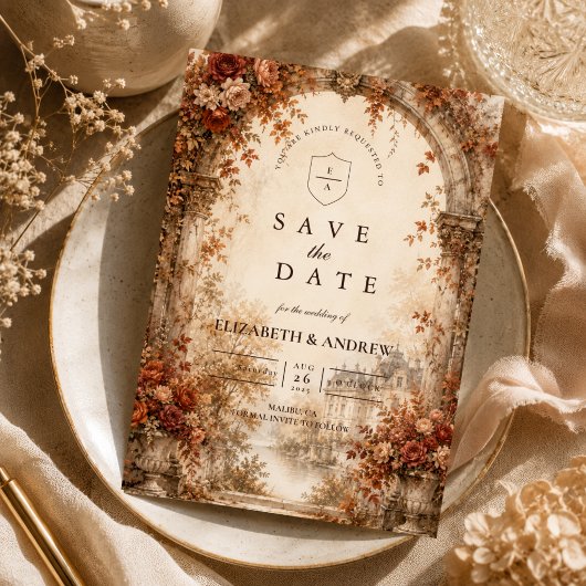 Elegante herfstboogtrouw save the date