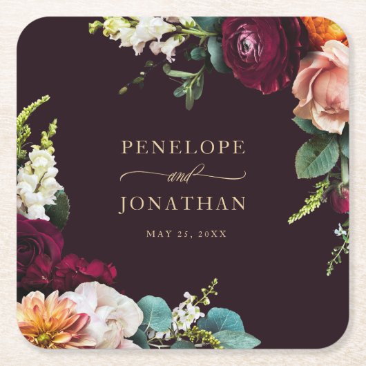 Elegante herfstbordeaux Bourgondische bloemengoude Kartonnen Onderzetters (Voorkant)