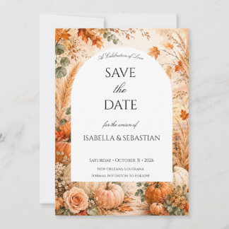 Elegante herfstkaart met pompoenen en boho-bloemen save the date