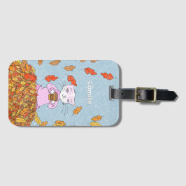 Elegante herfstkat met bladeren bagagelabel