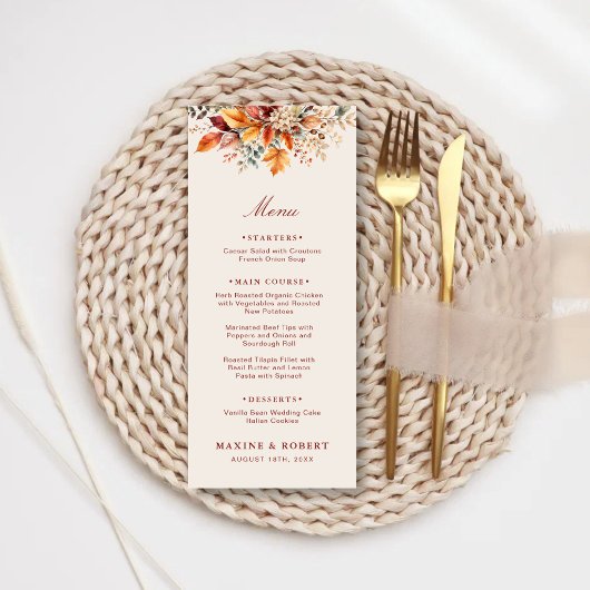 Elegante herfstloof zachte waterverf bruiloft menu