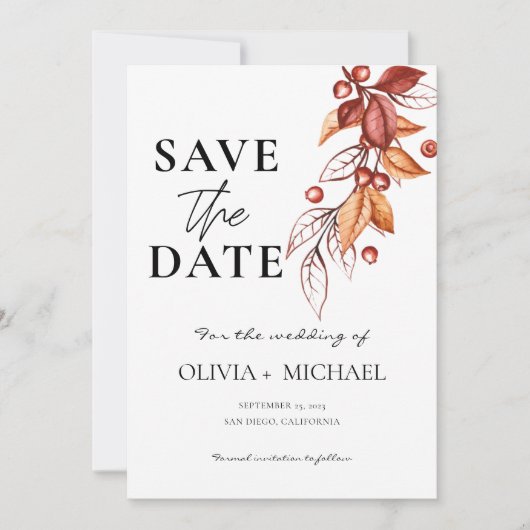 Elegante herfstmoderne Waterverf terracotta Save The Date (Voorkant)