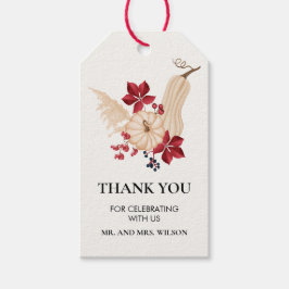 Elegante herfstpompoen en bordeauxrode bedankkaart cadeaulabel