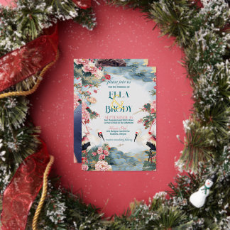 Elegante Heron pioenen met aangepaste foto bruilof Folie Uitnodiging