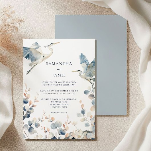 Elegante Herons Blush Dusty Blue Foliage Wedding Kaart