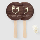 Elegante herten hart rustieke houten bruiloft handwaaier (Voorkant en achterkant)