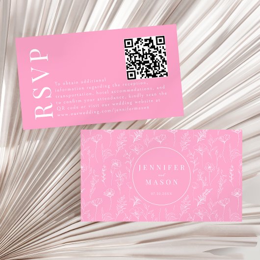 Elegante hete roze bloemenbruiloft RSVP QR-codekaa Informatiekaartje