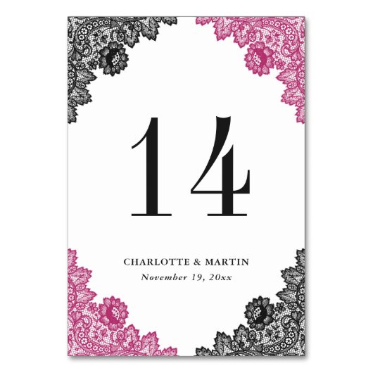 Elegante hete roze en zwarte bloemenkant bruiloft kaart (Voorkant)