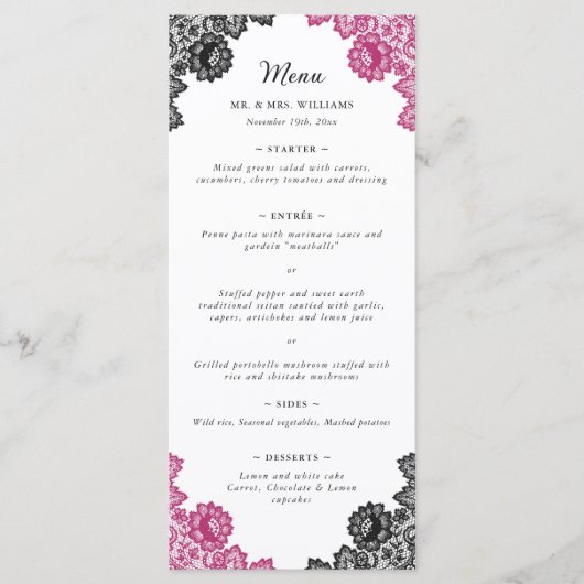 Elegante hete roze en zwarte bloemenkant bruiloft menu (Voorkant)