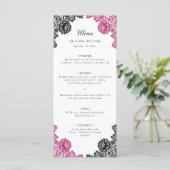 Elegante hete roze en zwarte bloemenkant bruiloft menu (Staand voorkant)