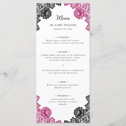 Elegante hete roze en zwarte bloemenkant bruiloft menu (Voorkant)