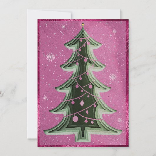 Elegante Hete Roze Glitter Papercut Kerstboom Feestdagenkaart (Voorkant)