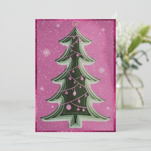 Elegante Hete Roze Glitter Papercut Kerstboom Feestdagenkaart (Staand voorkant)