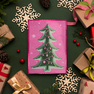 Elegante Hete Roze Glitter Papercut Kerstboom Feestdagenkaart