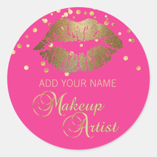 Elegante Hete Roze Gouden Lippen Zakelijke Make-up Ronde Sticker (Voorkant)