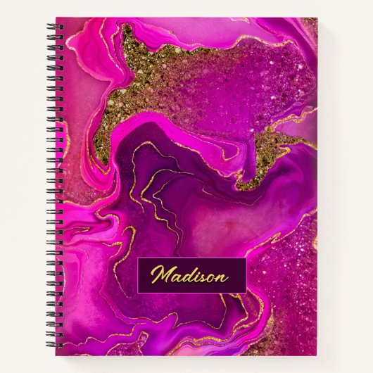 Elegante hete roze marmering faux goud glitter not notitieboek (Voorkant)
