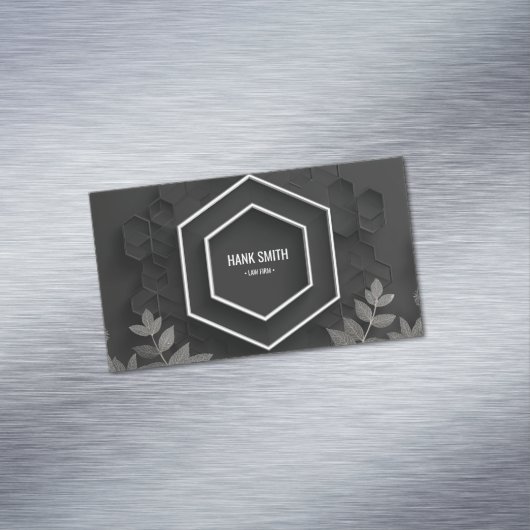 Elegante Hexagon en Zilver Botanisch Zwart Magnetisch Visitekaartje (Voorbeeld)