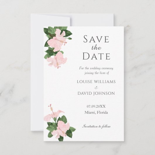 Elegante Hibiscus Bewaar de datum Bruiloft Kaart (Voorkant)
