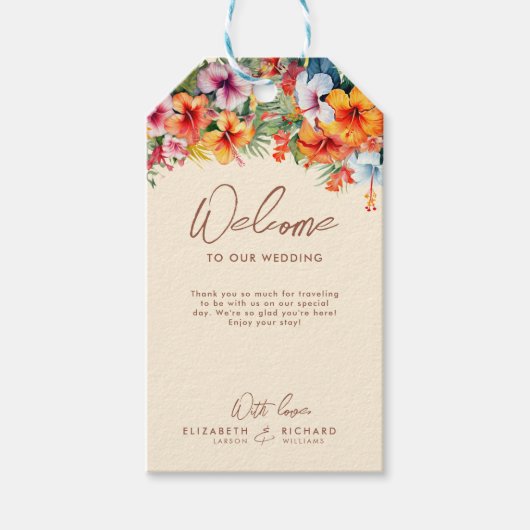 Elegante Hibiscus Bloem Tropische Bloemen Bruiloft Cadeaulabel (Voorkant)