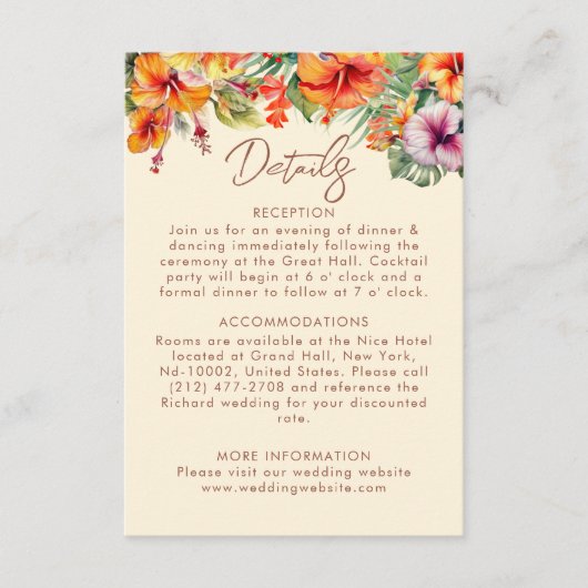 Elegante Hibiscus Bloem Tropische Bloemen Bruiloft Informatiekaartje (Voorkant)