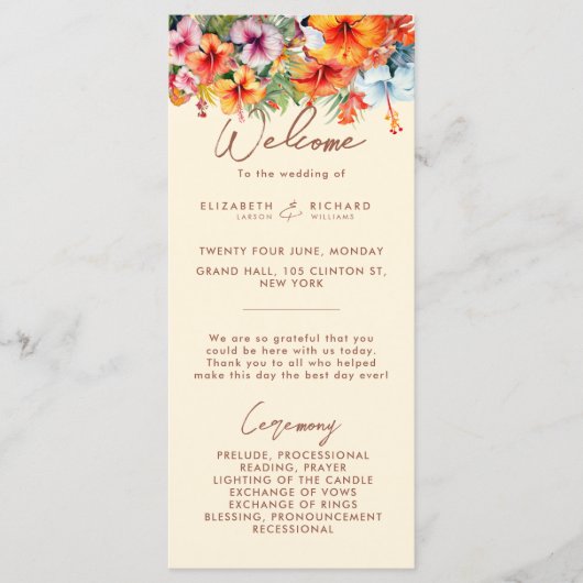 Elegante Hibiscus Bloem Tropische Bloemen Bruiloft Programmakaart (Voorkant)