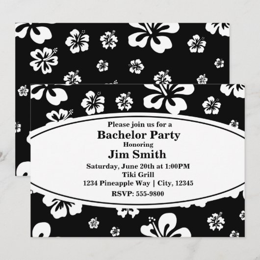 Elegante Hibiscus Bloemen Zwart & Wit Uitnodiging (Voorkant / Achterkant)