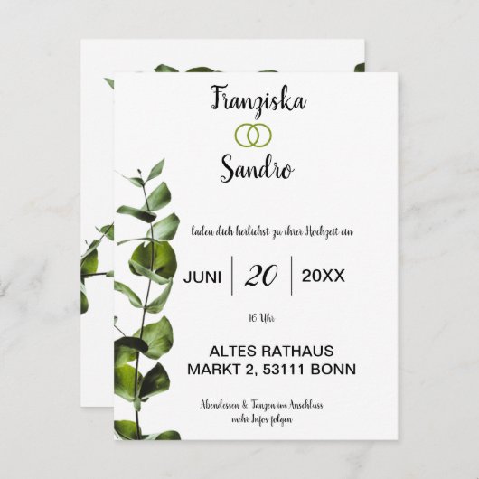 Elegante Hochzeitzegladung mit Grünen Blättern - Kaart (Voorkant / Achterkant)