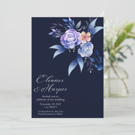 elegante hoek peony met blauwe bruiloft kaart (Staand voorkant)