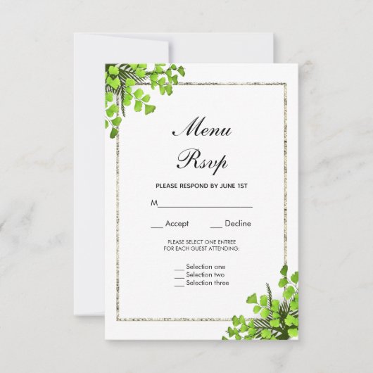 Elegante hoekvaren decoratie bruiloft menu RSVP (Voorkant)
