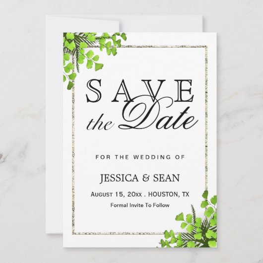 Elegante hoekvaren decoratie bruiloft save the date (Voorkant)