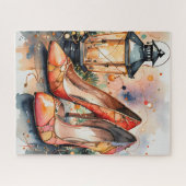 Elegante hoge hakken en lantaarn kerstscène legpuzzel (Horizontaal)