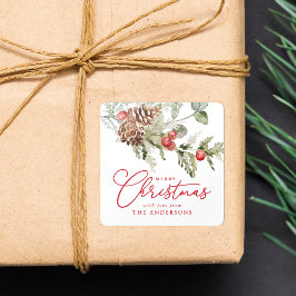 Elegante Holly Berries en dennenappels Kerstmis Vierkante Sticker