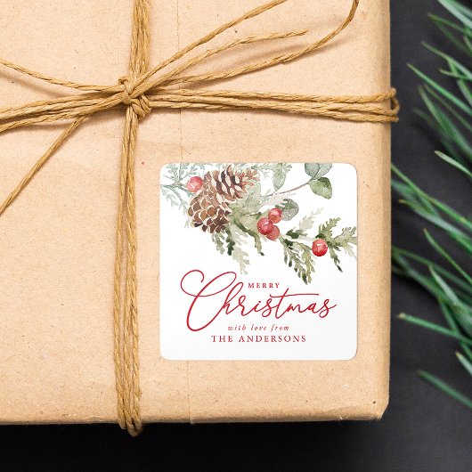 Elegante Holly Berries en dennenappels Kerstmis Vierkante Sticker