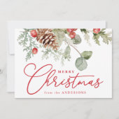 Elegante Holly Berries en dennenappels Non-Photo Feestdagenkaart (Voorkant)