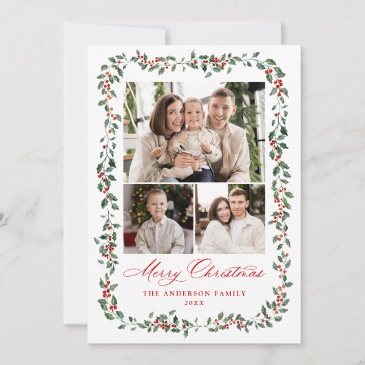Elegante Holly Berries en groen 4 Foto Feestdagenkaart (Voorkant)