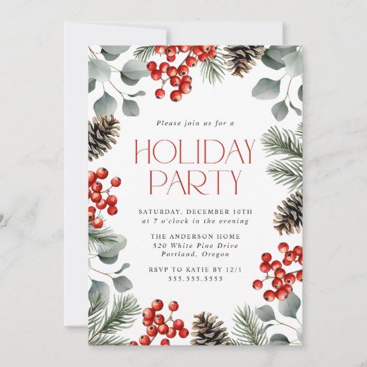 Elegante Holly Berries en Pine Cones Holiday Party Kaart (Voorkant)