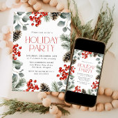 Elegante Holly Berries en Pine Cones Holiday Party Kaart